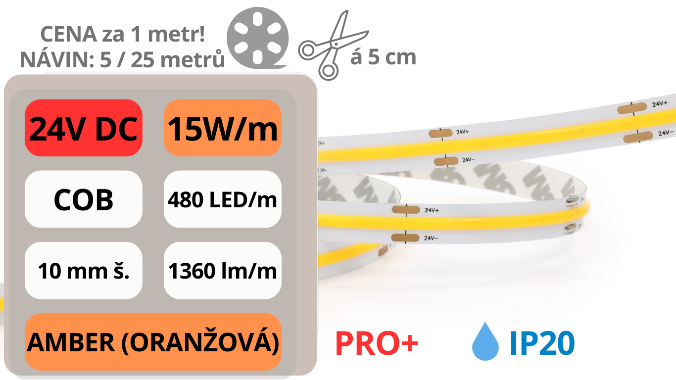 LED pásek COB 24V / 480LED / 15W / AMBER / IP20 / 10mm / PRO+